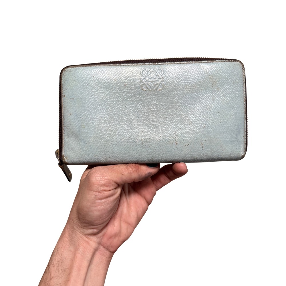 Loewe Light Blue Textured Leather Zip Around Anagram Wallet Brown Interior